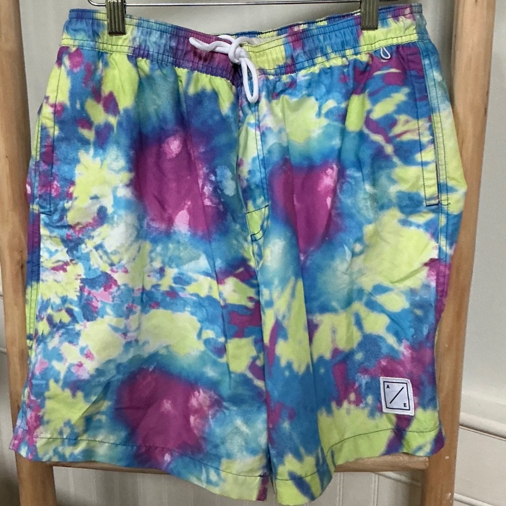 American Eagle Mens Tie Dye Swim Trunks Blue Purple Yellow Mesh Liner Medium